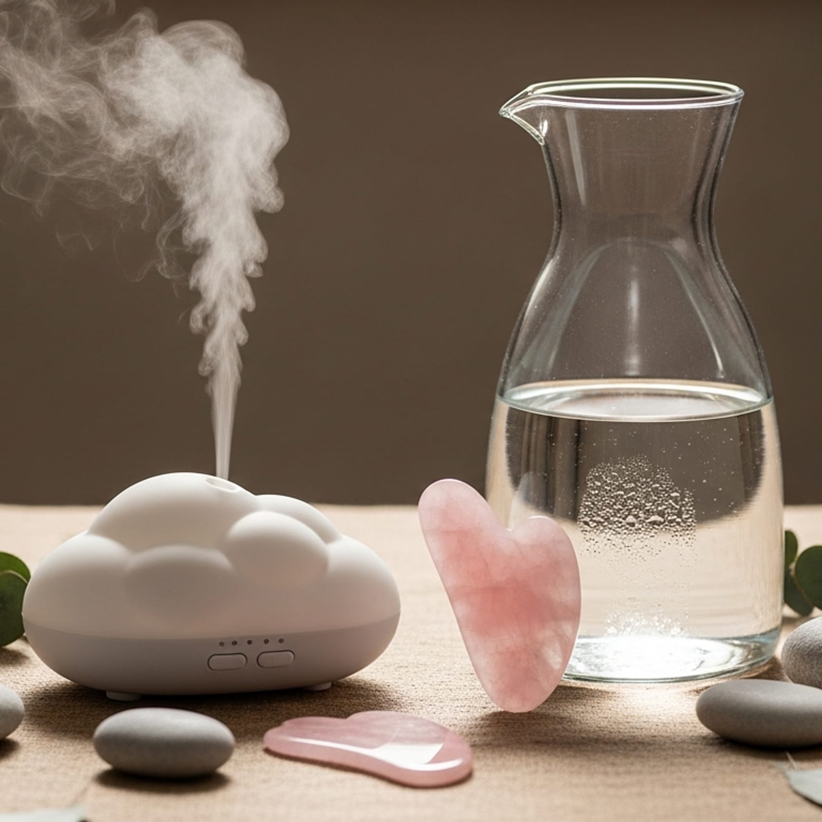 Composition bien-être : diffuseur brumisant, gua sha en quartz rose et eucalyptus sur lin naturel